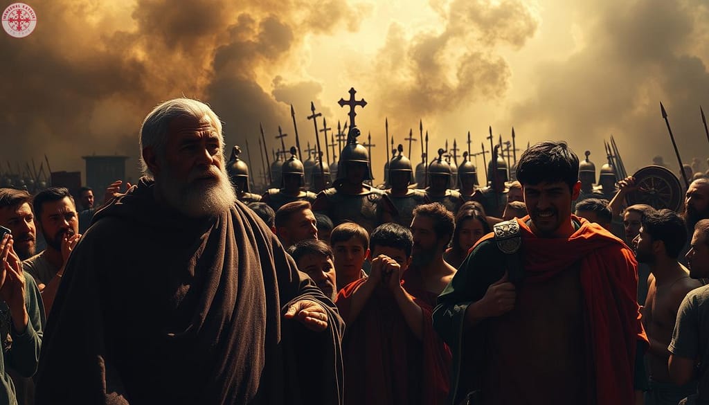 A dramatic scene of the heroic martyrdom of Saints Nazarius and Celsus. In the foreground, the two saints stand defiantly, their expressions resolute as they face their persecutors. Nazarius, an elder cleric, and Celsus, a young soldier, are surrounded by a mob of angry onlookers, their faces twisted with hatred. Dramatic lighting casts sharp shadows, heightening the sense of tension and impending violence. In the middle ground, Roman soldiers advance menacingly, their weapons drawn. The background is shrouded in an ominous, smoke-filled sky, hinting at the impending tragedy. The overall mood is one of foreboding and heroic sacrifice, capturing the essence of the saints' courageous stand for their faith. A dramatic scene of the heroic martyrdom of Saints Nazarius and Celsus. In the foreground, the two saints stand defiantly, their expressions resolute as they face their persecutors. Nazarius, an elder cleric, and Celsus, a young soldier, are surrounded by a mob of angry onlookers, their faces twisted with hatred. Dramatic lighting casts sharp shadows, heightening the sense of tension and impending violence. In the middle ground, Roman soldiers advance menacingly, their weapons drawn. The background is shrouded in an ominous, smoke-filled sky, hinting at the impending tragedy. The overall mood is one of foreboding and heroic sacrifice, capturing the essence of the saints' courageous stand for their faith.